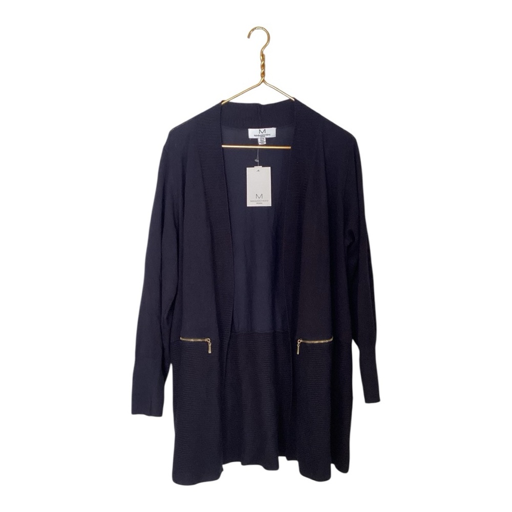 NWT M MAGASCHONI  Navy Blue Open Front Cardigan Casaul Sweater Gold Zipper 1X